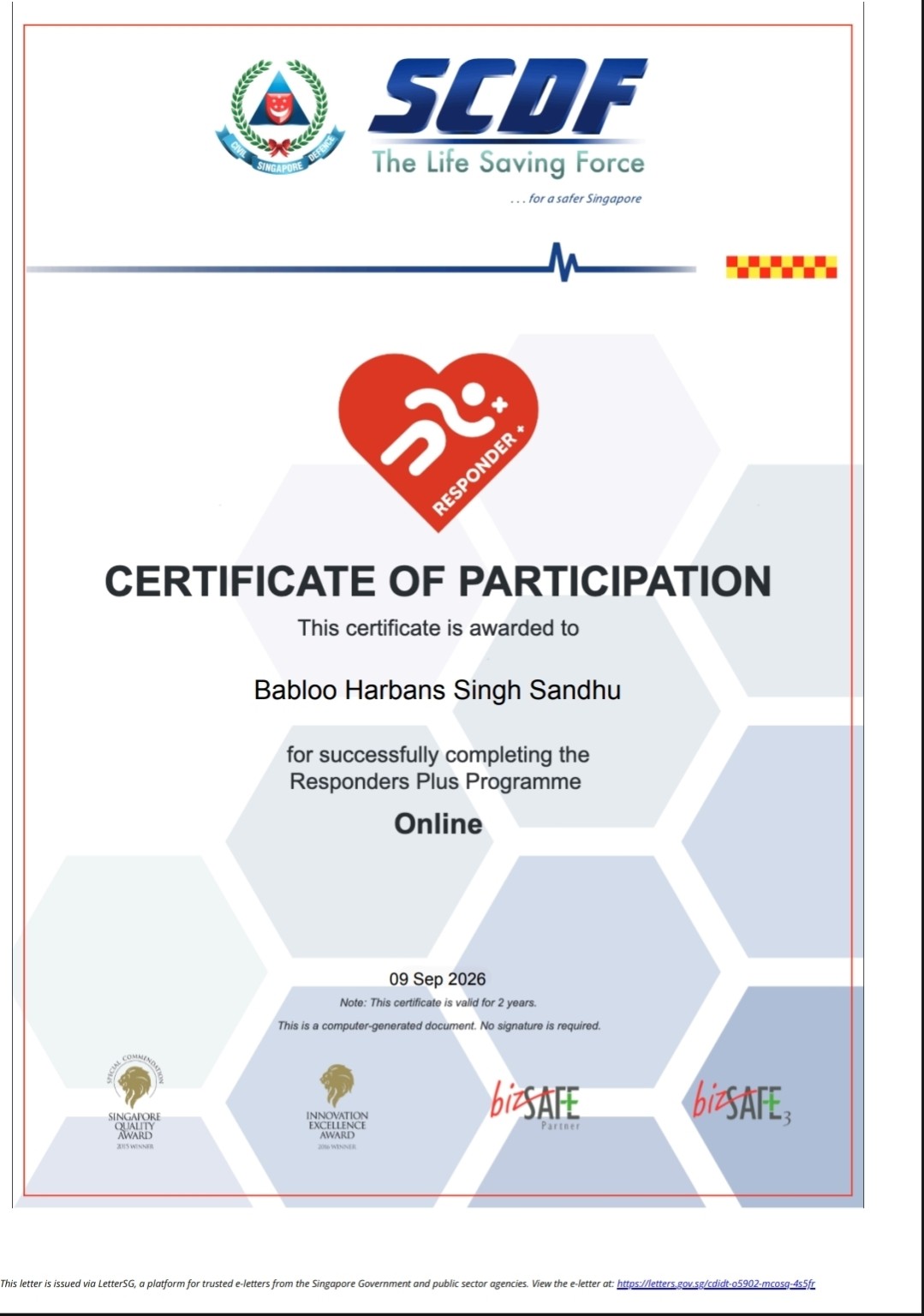 SCDF Responders Plus Programme Certificate of Participation — First Aid, CPR and AED